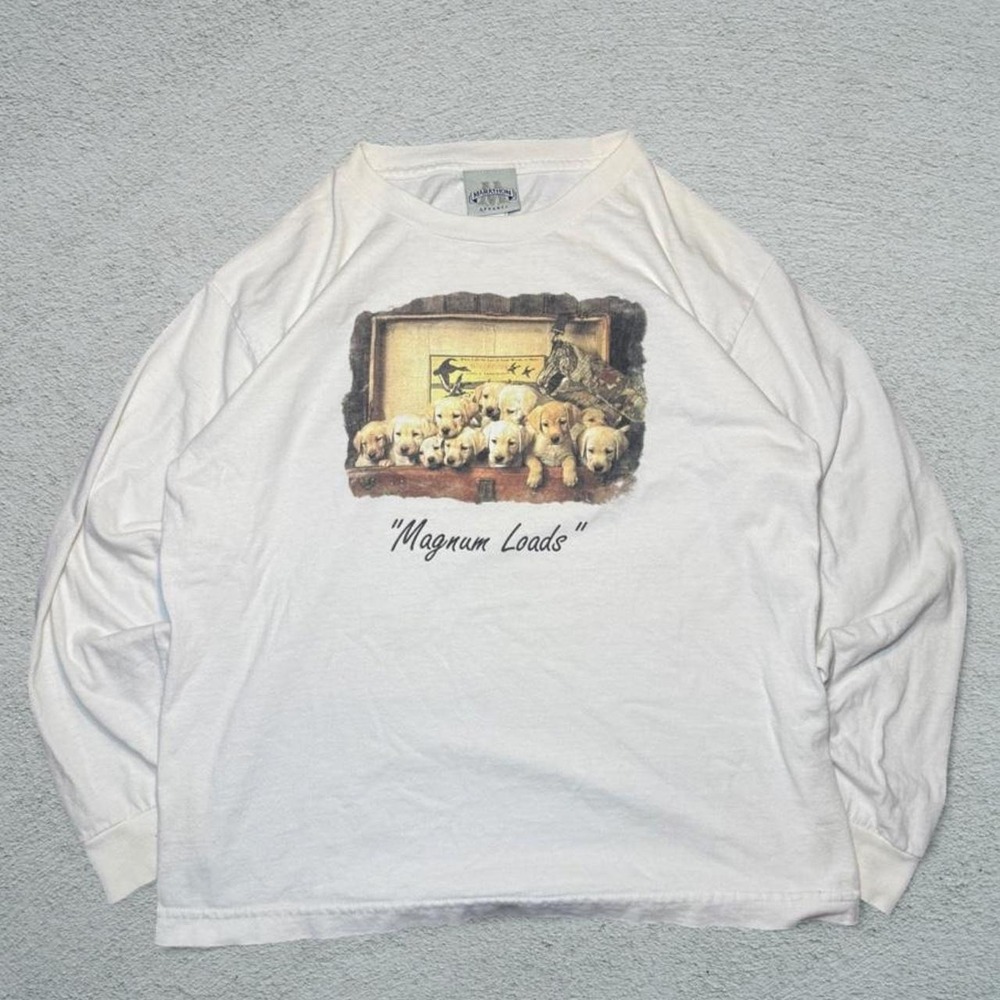 Vintage 90s Marathon Apparel Magnum Loads Puppy Long Sleeve T-Shirt White L